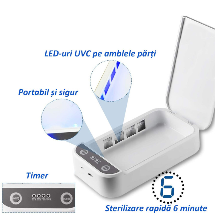 Sterilizator UVC 3 in 1 pentru obiecte mici, smartphone, functie aromaterapie, mufa USB